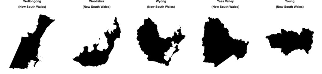 Wollongong, Woollahra, Wyong, Yass Valley, Young outline maps