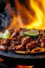 Sizzling grilled meat tacos with fresh lime and vegetables over open flames