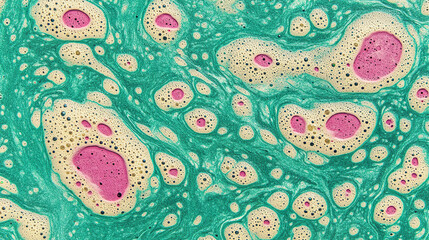 Fototapeta premium Green abstract bubbly texture with pink circular elements. AI-generated.