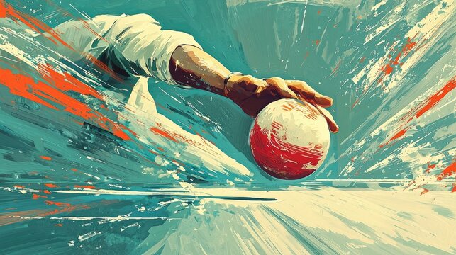 Abstract painting of a hand reaching out to catch a red ball