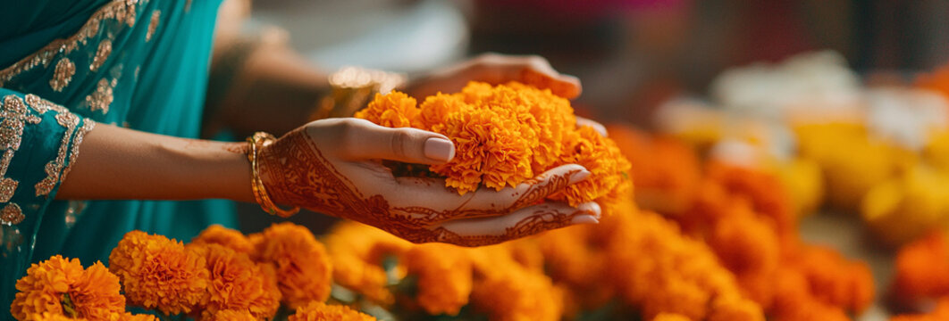 Indian woman dressed in Hindu holding orange marigold flowers for decoration house or temple. Indian wedding. Hindu Puja. Festival Vishu celebration. Ugadi, Gudi Padwa, Diwali. Copyspace banner - Powered by Adobe