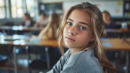 A teenage girl reflects on her first day back to school in a morning classroom setting