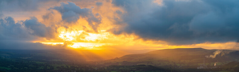 Panorama of Castelton and the Cement Works Factory at sunrise in The Hope Valley. The Peak District in UK 