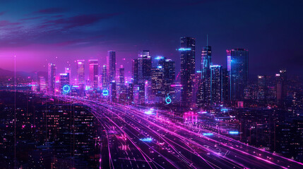 Fototapeta premium A vibrant neon cityscape at dusk with illuminated skyscrapers and bustling highways