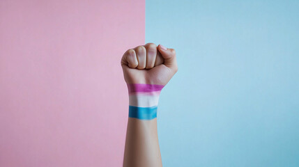 Raised fist with transgender flag colors painted on the wrist, supporting lgbtq+ rights
