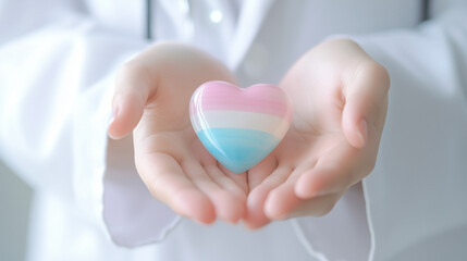 Obraz premium Transgender Day and LGBT Pride Month, LGBTQ+ or LGBTQIA+ concept. Doctor holding blue, pink, and white heart shape for Lesbian, Gay, Bisexual, Transgender, Queer, and Pansexual community 