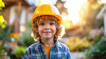 Portrait of a young boy wearing a yellow hard hat in a vibrant outdoor garden setting