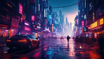 Cyberpunk city at dusk, neon lights reflecting off wet streets, futuristic vehicles and characters walking through the scene