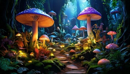 Whimsical fairy garden, with oversized mushrooms, tiny glowing creatures, and magical plants