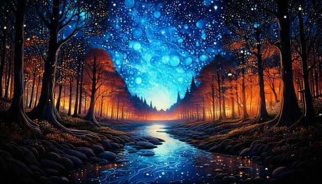 "Surreal forest landscape with glowing trees and a river of stars, under a galaxy-filled sky"
