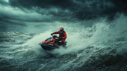 A Jet Ski Rider Navigates Choppy Waves Under a Stormy Sky