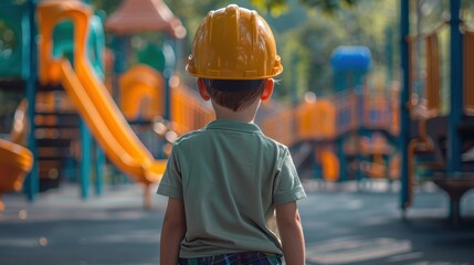 Young boy in hard hat explores outdoor playground with vibrant slides on a sunny day