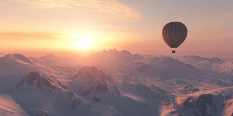 a hot air balloon flying over a mountain range