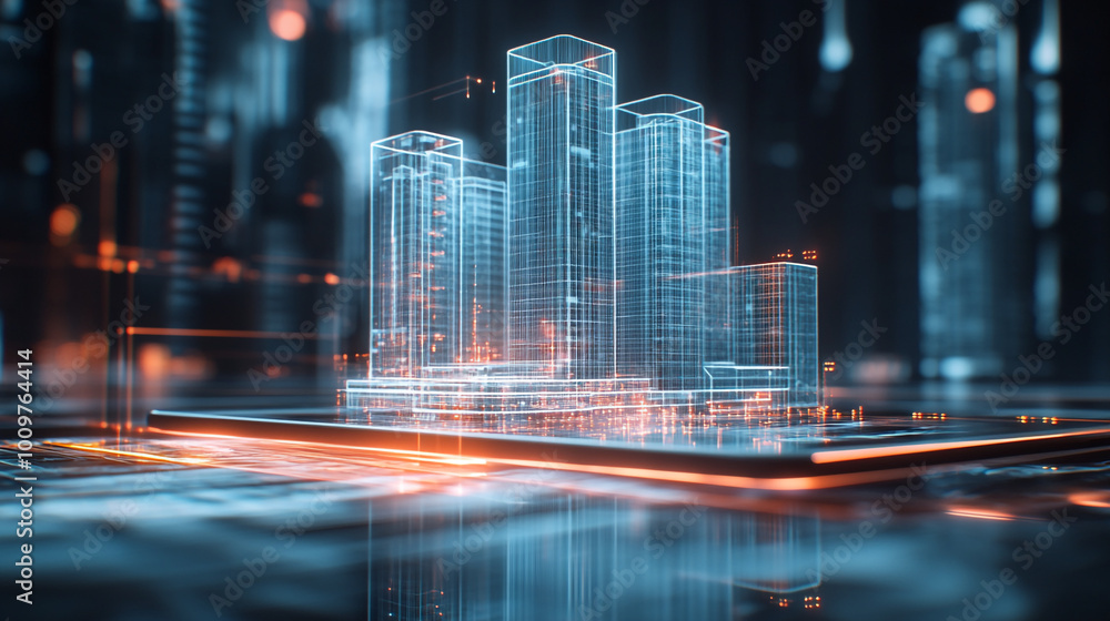 Poster futuristic skyline showcasing digital architecture in a high-tech urban environment