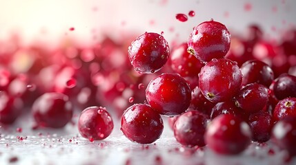 A spray of water refreshes bright red cranberries, emphasizing their juicy texture and color.