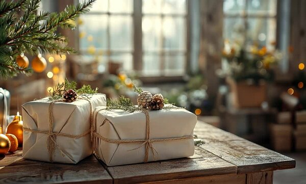 Wrapping Christmas gifts with eco-friendly materials like cloth wraps and natural twine, on a minimalist table. . Video