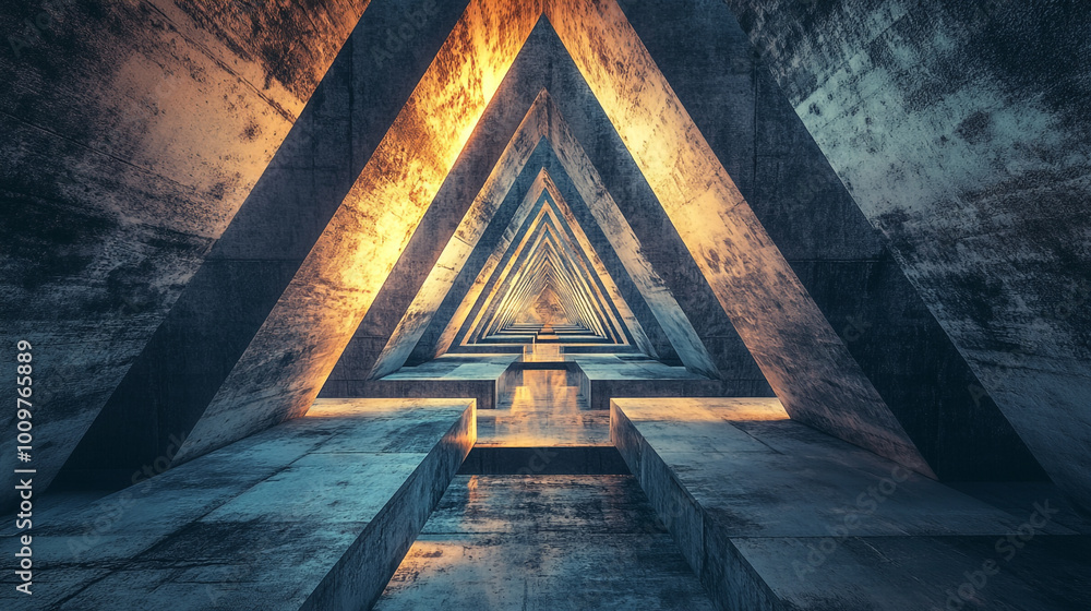 Poster a mesmerizing geometric tunnel illuminated by glowing lights in a futuristic setting