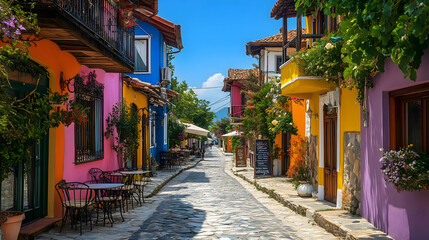 Colorful Historic Streetscape Charming Architecture Cobblestone Pathways Vibrant Flowers Cozy Cafes Sunny Day