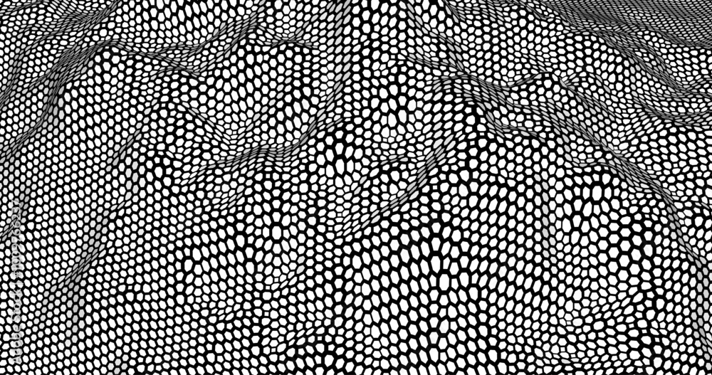 Poster monochrome pattern of small dots creating the effect of a three-dimensional wavy surface. vector ill