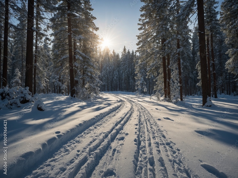 Aufkleber snowy forest landscape with winding path through trees. path covered in snow and tall pine trees on 