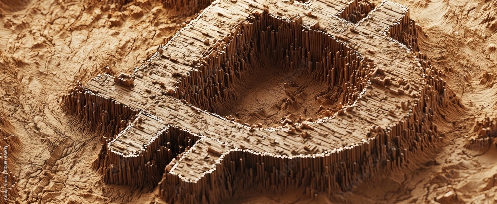 Poster a 3d rendered bitcoin symbol created from vertical structures resembling a canyon