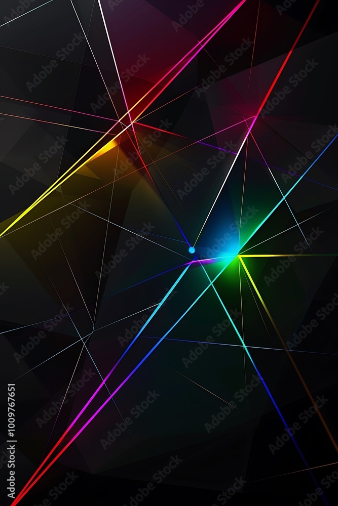 Poster dynamic interplay of vibrant neon lines illuminating a sleek, abstract black background, creating a 