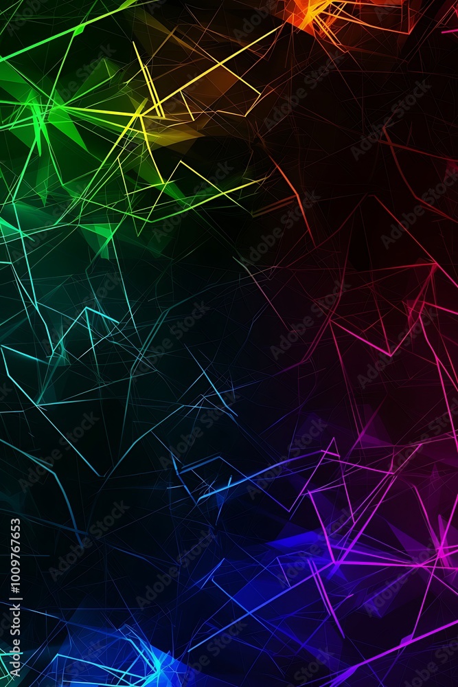 Poster dynamic interplay of vibrant neon lines illuminating a sleek, abstract black background, creating a 