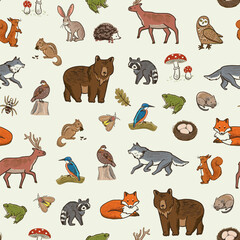 Fototapeta premium Forest animals woodland vector seamless pattern.