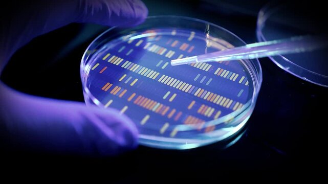 A close-up view of a healthcare medical researcher in rubber gloves dropping liquids into a DNA petri dish, perhaps searching for a cure for cancer. Shot at 60fps for optional slow motion use.