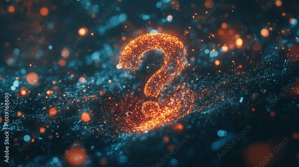 Poster glowing question mark crafted from vibrant particles floats in a mystical cosmic setting