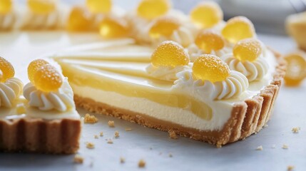 Delicious lemon tart with golden jelly candies on top served on a white surface