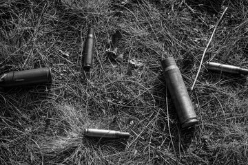Without a combat element, ammunition from a fired military firearm, an object in dry grass. Black...