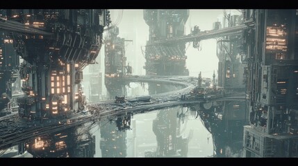 Futuristic Cityscape with Interconnected Buildings and Bridges