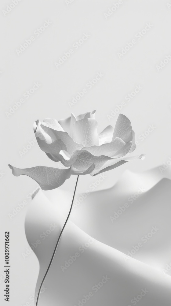 Poster white flower on a minimalistic background, showcasing elegance and simplicity with soft curves and s
