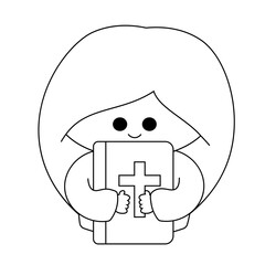 Cute cartoon girl holds bible in black and white