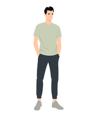 Vector illustration of a man in a light green T-shirt and black pants