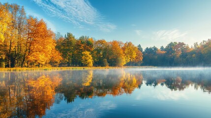 Obraz premium Water encircled by treetops, adorned w/yellow/red foliage, set against a blue sky dotted with wisps