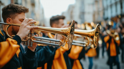 Naklejka premium Brass band musicians playing trumpets during a lively street parade