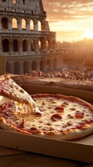 Obraz premium A hand holds a mouthwatering pizza while people gather nearby, enjoying a warm evening by the iconic Colosseum under a beautiful sunset