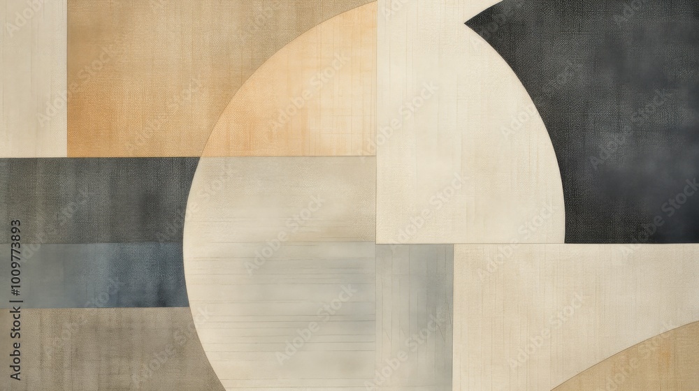 Poster abstract geometric shapes in neutral tones on textured paper, featuring muted grays and beiges with 
