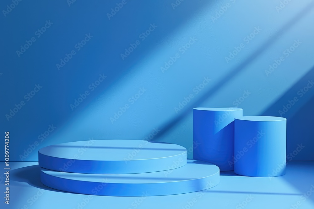 Poster blue background for product presentation with shadows and light. empty podiums. mockup.