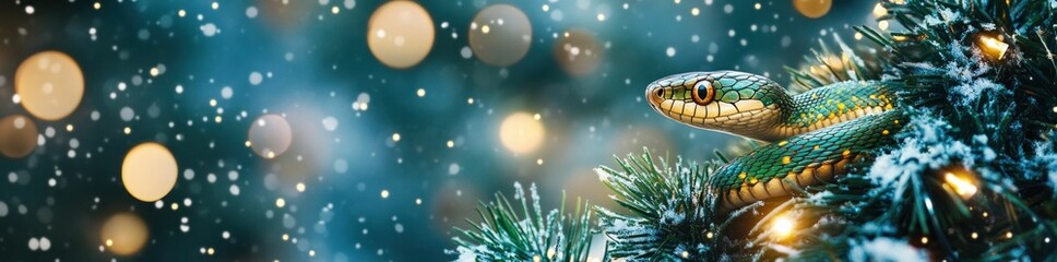 Fototapeta premium Snake, Christmas, holiday, nature, decorations, winter, lights, festive, wildlife, colors, brightness, bokeh, pine tree, close up, environment A vibrant snake rests on a pine tree decorated with lig