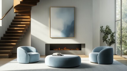 Modern living room design featuring curved furniture and a stylish fireplace in a minimalist space