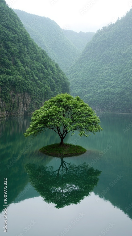 Aufkleber a single tree thrives on an island in the calm waters of a lake, reflecting the surrounding cliffs a