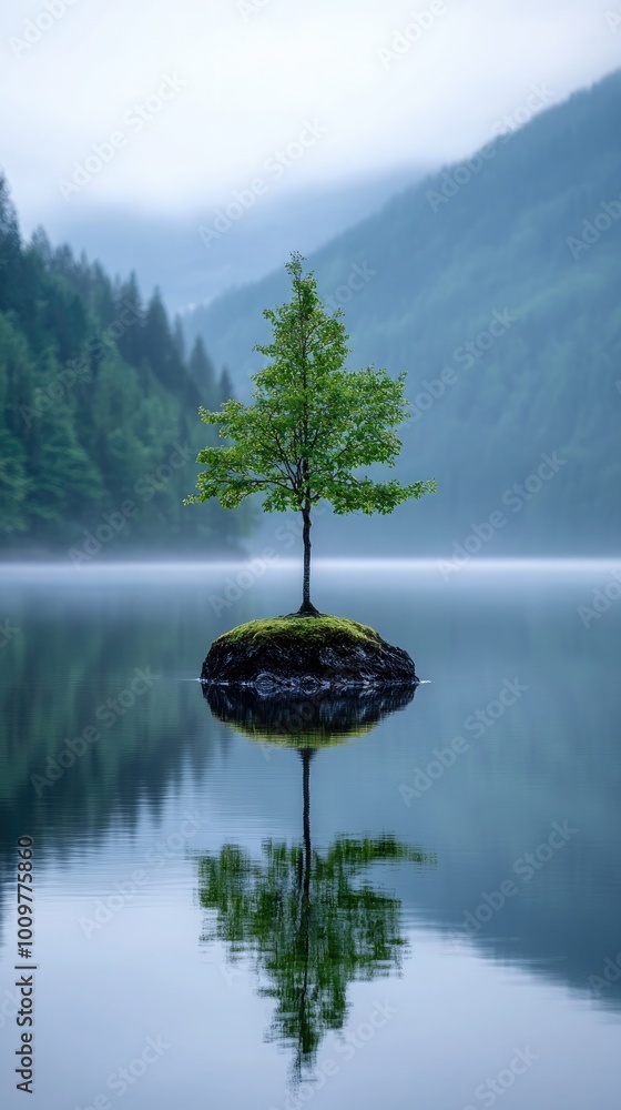 Aufkleber a single tree thrives on an island in the calm waters of a lake, reflecting the surrounding cliffs a