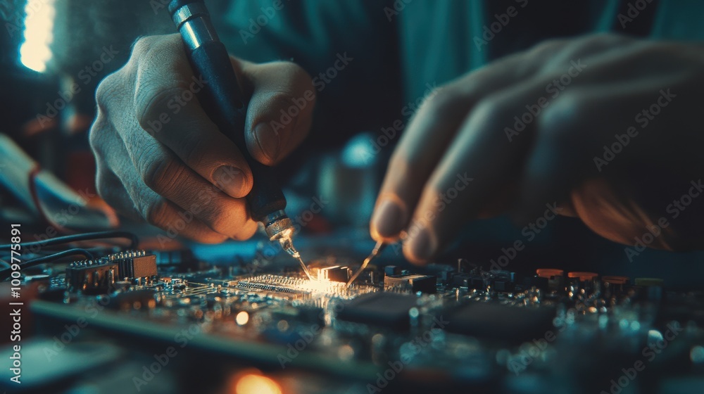 Poster a skilled technician is focused on soldering tiny components on a circuit board, using a soldering i