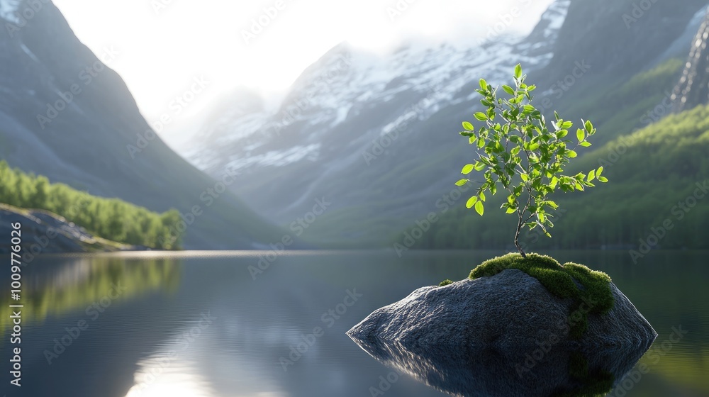 Aufkleber a single tree thrives on an island in the calm waters of a lake, reflecting the surrounding cliffs a