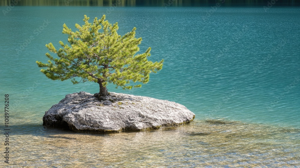 Aufkleber a single tree thrives on an island in the calm waters of a lake, reflecting the surrounding cliffs a