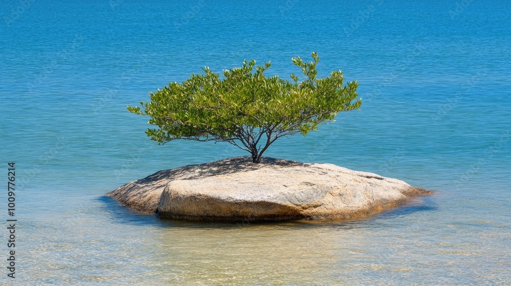 Aufkleber a single tree thrives on an island in the calm waters of a lake, reflecting the surrounding cliffs a
