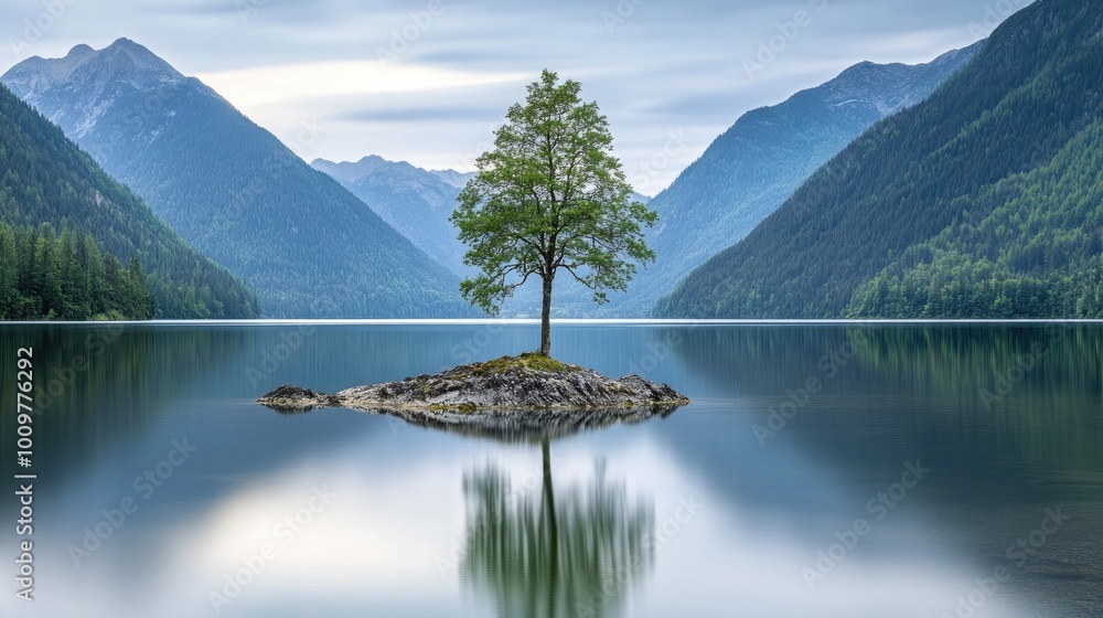 Aufkleber a single tree thrives on an island in the calm waters of a lake, reflecting the surrounding cliffs a